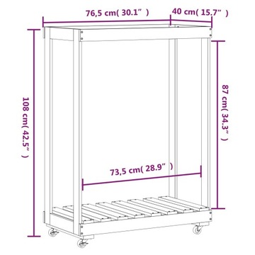 STOJAK NA DREWNO Z KÓŁKAMI 76,5X40X108CM DREWNO SOSNOWE