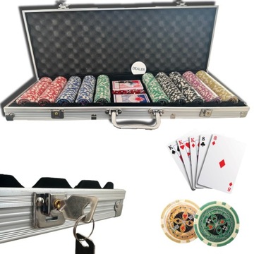 ZESTAW DO GRY W POKERA 500 SZT ŻETONÓW PREMIUM 2x TALIA POKER WALIZKA KOŚCI