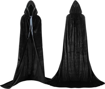 KOSTIUM PRZEBRANIE STRÓJ HALLOWEEN ŚMIERĆ CZARNA PELERYNA PŁASZCZ AKSAMITNY