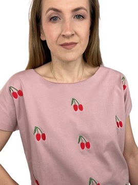 Luźna koszulka t-shirt haftowane wisienki cherry laserowo cięta S M L Fancy