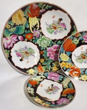 3 КИТАЙСКИЕ ТАРЕЛКИ С ЖЕНЩИНОЙ И ЦВЕТАМИ ОТ 26 ДО 14,5 СМ