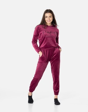 Komplet Dresowy Dres Sportowy Welurowy Damski Spodnie Bluza 3702-1 XL bordo