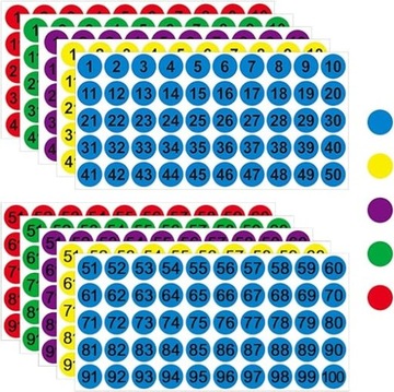 5 ARKUSZY NAKLEJKI CYFRY NUMERY 1-100 KOLOROWE DO NUMEROWANIA OZNACZANIA