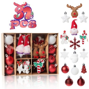 32x Bombki Świąteczne Ozdoby Bombki Choinkowe Czerwone Białe