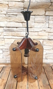 Lampa wisząca ozdobna szkło-drewno antyk PRL