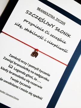 Bransoletka ŻYCZEŃ Szczęśliwy Słonik Słoń na szczęście Stabilność Siła 085