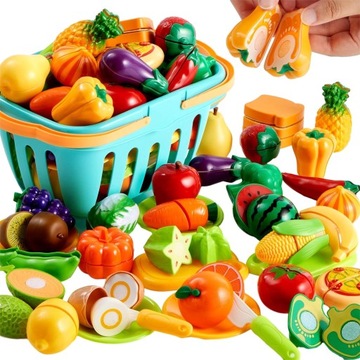 НАБОР КУХОННЫХ ИГРУШЕК ДЛЯ ДЕТЕЙ ФРУКТЫ ОВОЩИ С ПОСУДКОЙ И НОЖАМИ
