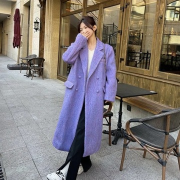 Korean Women Contrast Color Long Wool Coat Loose C