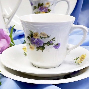 675 SERWIS KAWOWY 1/3 Bratki KAMELIA CHODZIEŻ MALCER PORCELANA