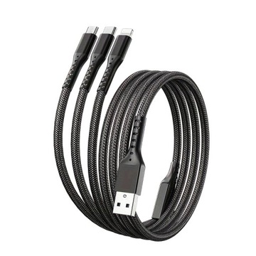 KABEL ŁADOWARKA 3W1 USB MICRO TYPE-C Szybka 5A QC Quick Charge Czarny