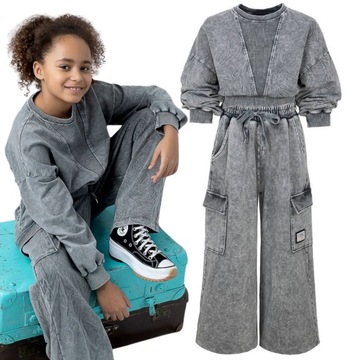 Luźny casualowy dres komplet szary efekt sprania spodnie cargo crop 158