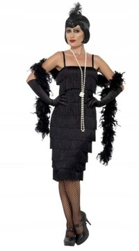 Strój Flapper Retro 3 EL. Kostium strój lata 20 czarna frędzle S (C)
