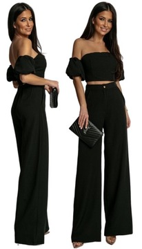 CZARNY STYLOWY KOMPLET SET DAMSKI SZEROKIE SPODNIE KRÓTSZY TOP Z BUFKAMI
