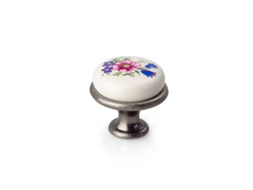 Gałka meblowa retro kwiaty porcelanowa srebrna ant