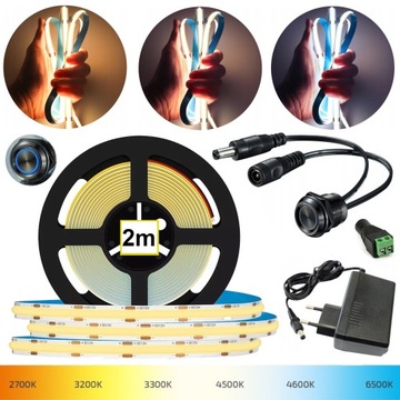Zestaw Taśma LED COB 2m NEON BEZPUNKOTWA + WŁĄCZNIK SZAFKOWY + ZASILACZ 12V