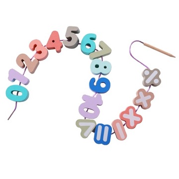 KORALIKI KLOCKI DREWNIANE DO NAWLEKANIA MONTESSORI ALFABET CYFRY MONTESSORI