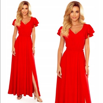 WYPRZEDAŻ Sukienka suknia maxi długa z falbanami i rozporkiem czerwona