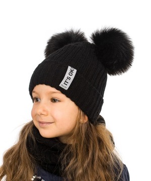Czapka Komin Komplet Dwa pompony Polar 52-56 cm