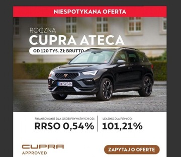 Cupra Ateca Crossover Facelifting 1.5 TSI 150KM 2024 Cupra Ateca Pakiety, ACC, Kamera, DCC, BEATS, GPS, Fotel z pamiecia, Salo