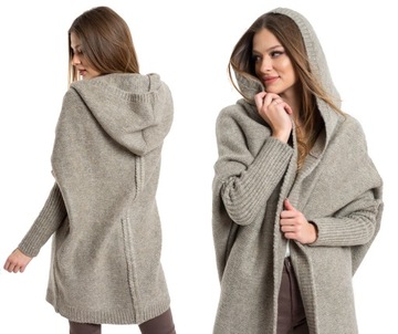 NEIRO LUŹNY SWETER KARDIGAN Z KAPTUREM OVERSIZE