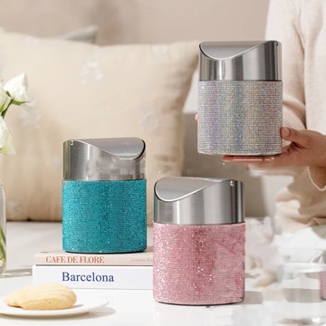 Bling Rhinestone Desktop Snack Trash Can Diamond Metal Swing Mini Trash