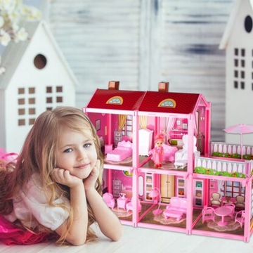КУКОЛЬНЫЙ ДОМ + КУКЛА + МЕБЕЛЬ РОЗОВАЯ ВИЛЛА 5 КОМНАТ С ТЕРРАСОЙ