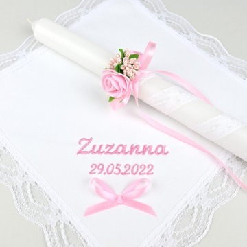 КРЕСТИТЕЛЬНЫЙ НАБОР ДЛЯ ДЕВОЧКИ - ВЫШИВКА, СВЕЧА, КОРОБКА, КАПЕЛЬНИК