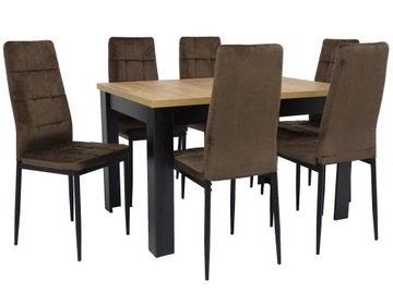 Komplet 6 krzeseł brązowy welur i stół 80x120/160
