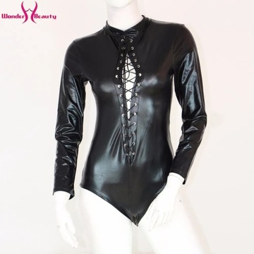 S-5XL Plus Size Women Leather Bodysuit Long Sleeve