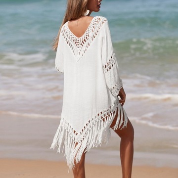 PAREO PLAŻOWE LETNIA SUKIENKA PLAŻOWA TUNIKA BOHO ZWIEWNA NARZUTKA FRĘDZLE