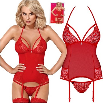 Koronkowa bielizna gorset stringi OBSESSIVE 838 czerwony L XL