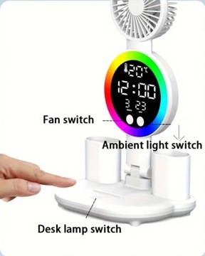 Wielofunkcyjna lampka biurkowa LED wentylator zegar RGB 4-skrzydłowa biurko
