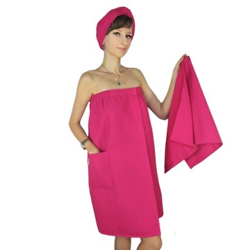 Zestaw Damski Pareo+Ręcznik+Turban do Sauny Spa na Basen Bawełna Fuksja SM