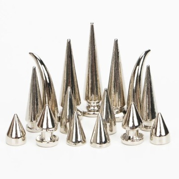Все виды серебряных металлических завинчивающихся конических шпилек, пули, шипов, заклепок, панк-сумка