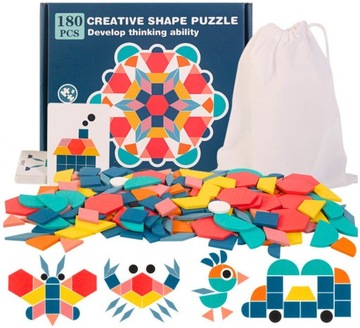 PUZZLE DREWNIANE KLOCKI MOZAIKA MONTESSORI KOLORY NAUKA DUŻE 180 ELEMENTÓW
