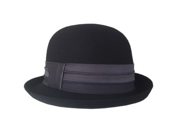 KAPELUSZ DAMSKI WEŁNIANY FILCOWY RETRO CZARNY Z RONDEM DO GÓRY 58 cm