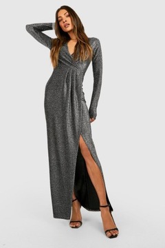 BOOHOO SREBRNA MAXI SUKIENKA ROZCIĘCIE DŁUGI RĘKAW S33 NG2__L