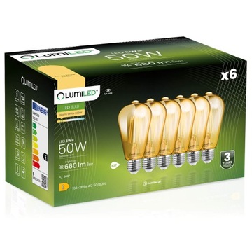 6x Żarówka LED E27 EDISON ST64 6W AMBER FILAMENT OZDOBNA BURSZTYNOWA