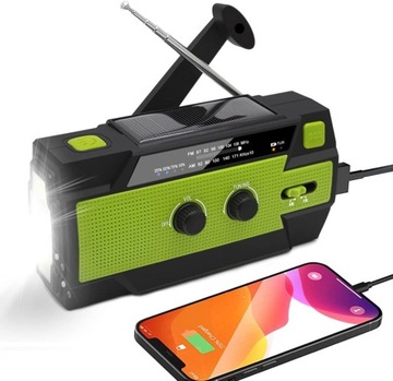 Radio Solarne Awaryjne AM FM SOS POWERBANK 4000mAh Latarka na Dynamo Korbkę