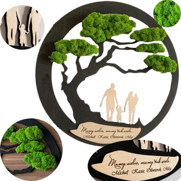 OBRAZ Z MCHU RODZINA DRZEWKO BONSAI MECH CHROBOTEK ŻYWY OBRAZ DRZEWO ŻYCIA