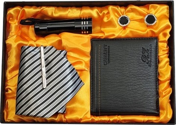 Мужской комплект, подарочный кошелек, галстук, запонки, фонарик