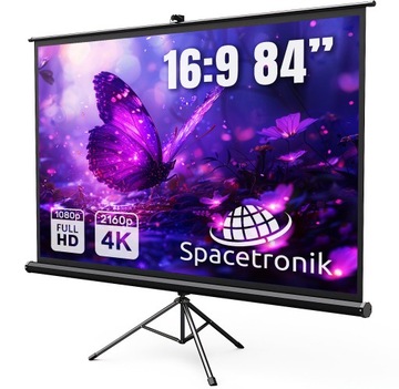 Ekran projekcyjny przenosny 84 cali 16:9 zwijany FULL HD 4K+GRATIS Statyw