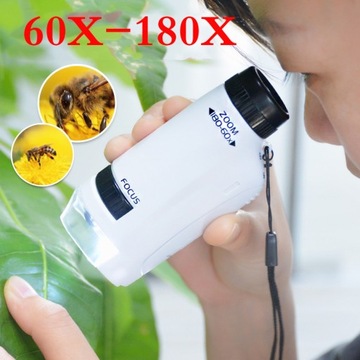 Портативный карманный микроскоп для детей, образовательный подарок 60x-180x + светодиод