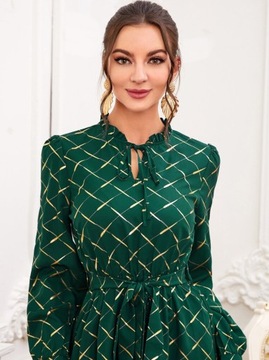 SHEIN zielona sukienka midi w złotą kratkę XL