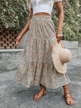 SPÓDNICA BOHO W KWIATY PROSTA MIDI CASUAL 36 V7B