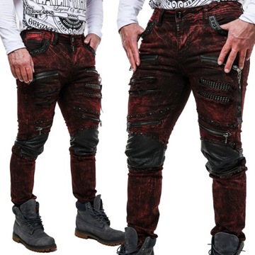 Cipo Baxx Spodnie Męskie Jeansy Burgundy Biker dżety zamki skóra