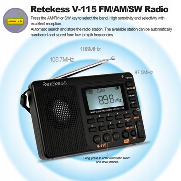 Многодиапазонное радио Retekess V-115 FM/AM/SW