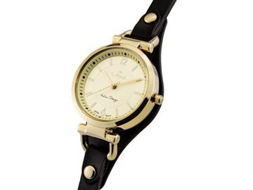 Złoty zegarek damski na brązowym skórzanym pasku elegancki modny na prezent