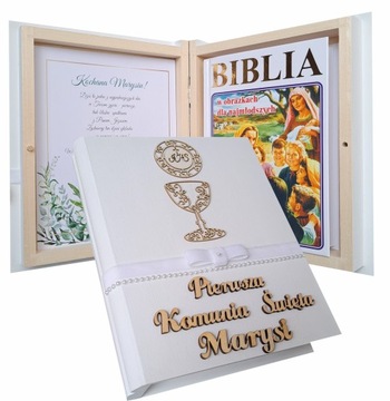 Pierwsza Komunia BIBLIA w pudełku, grawer, PREZENT