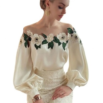 Women's Satin Embroidered Gauze Shirt Top Long Sle, M